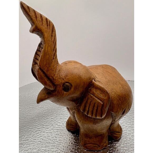 Wooden Elephant "Lucky Trunk Up Style" - Hand Carved 4" x 5" - Picture 2 of 10